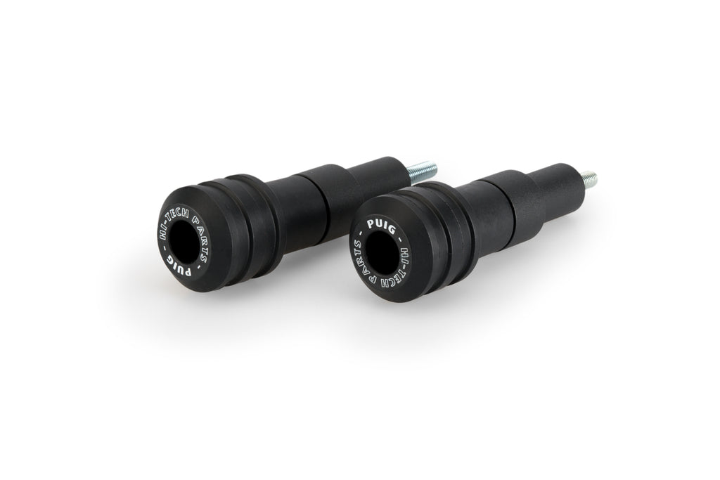 Black PUIG Frame Sliders Vintage 2.0 for Kawasaki street bike, showing the sleek, durable rubber and mounting hardware.
