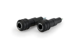 Black PUIG Frame Sliders Vintage 2.0 for Kawasaki street bike, showing the sleek, durable rubber and mounting hardware.