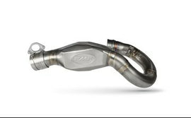 FMF Racing Ti M.Bomb header exhaust for KTM and Husqvarna motorcycles, showcasing the titanium finish and connection points.