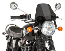 Load image into Gallery viewer, PUIG dark smoke windscreen for naked motorcycle headlight mount, showing sleek, tinted windshield with mounting brackets.
