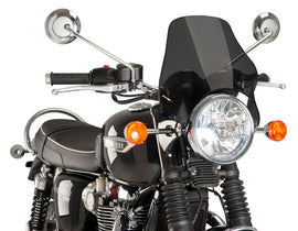 PUIG dark smoke windscreen for naked motorcycle headlight mount, showing sleek, tinted windshield with mounting brackets.