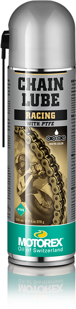Motorex Chain Lube Racing 500ml bottle, yellow lubricant for motorcycle chains, with product label visible.