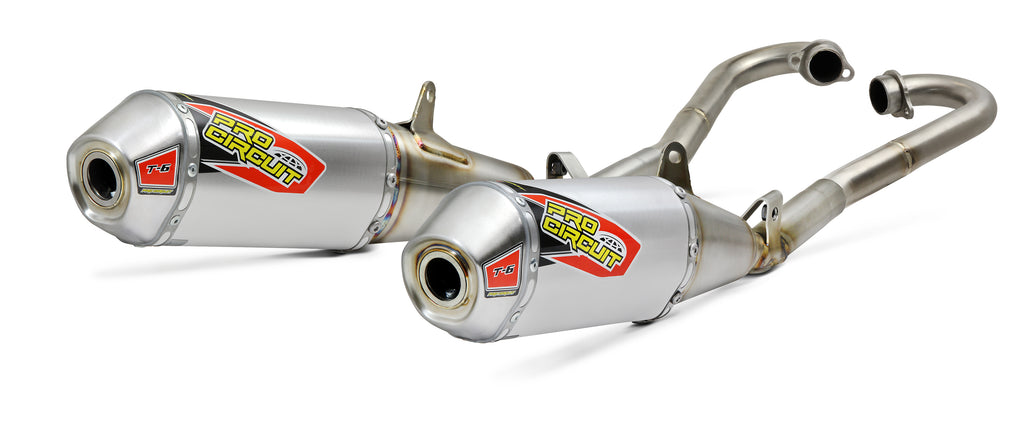 Pro Circuit P/C T-6 SS dual exhaust system for CRF250R 2018-2019, showcasing the stainless steel construction and sleek design.
