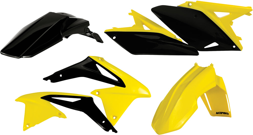Yellow Acerbis plastic kit, motorcycle body panels and parts, arranged on a flat surface, for Acerbis motorcycle customization.