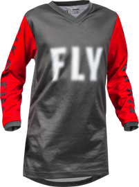 Fly Racing Youth F-16 grey and red motocross jersey with bold logo design and breathable fabric.