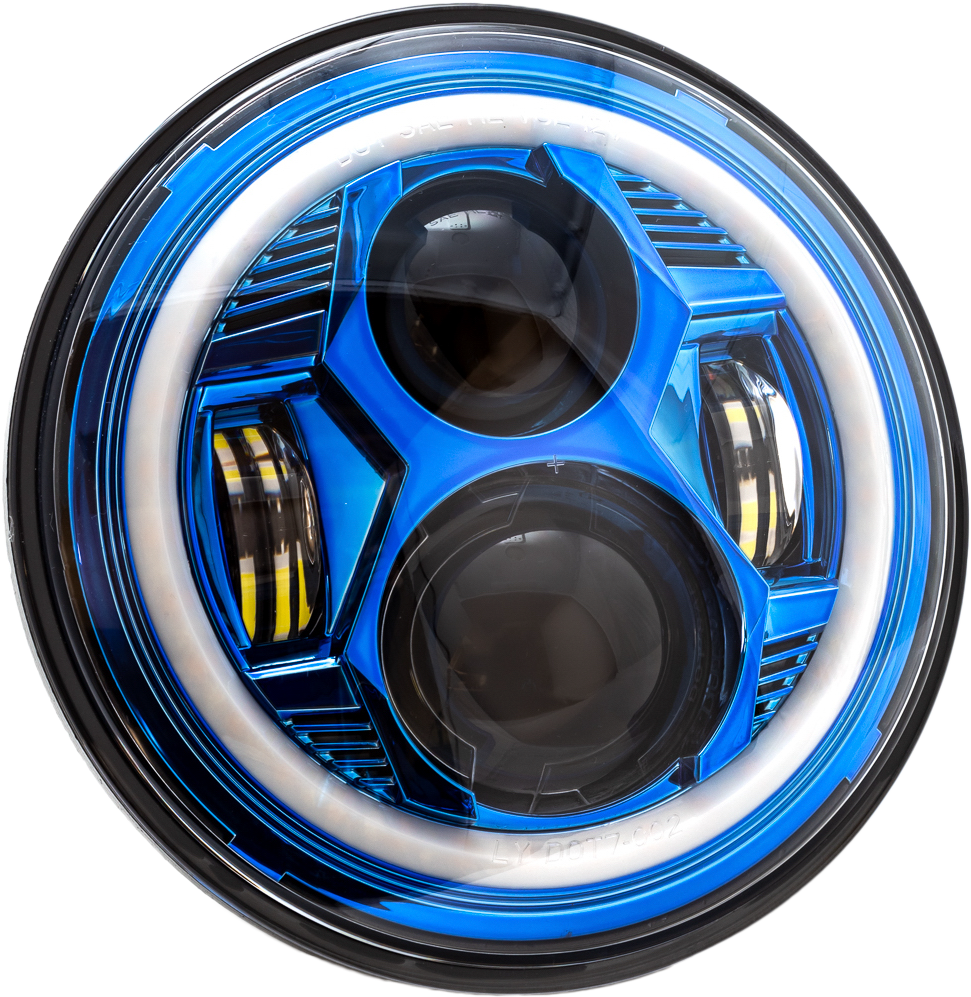 Letric Lighting Co 7-inch LED headlight with blue halo for Indian on-road motorcycles, featuring bright illumination and stylish design.