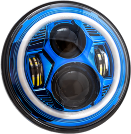 Letric Lighting Co 7-inch LED headlight with blue halo for Indian motorcycle on-road use, featuring a modern, bright lighting design.