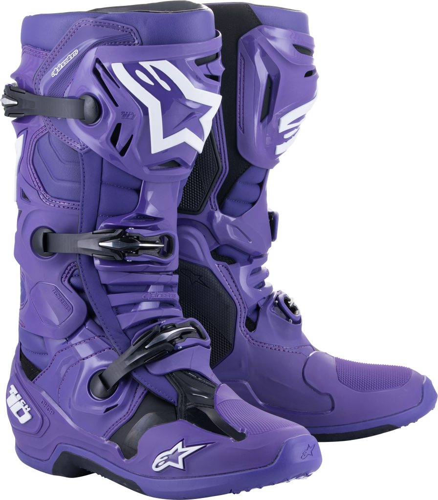 Alpine Star Tech 10 motorcycle boots in ultraviolet black with size 14, featuring sturdy construction and secure fastenings.