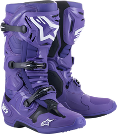 Alpine Star Tech 10 motorcycle boots in ultraviolet black, size 12, with durable construction and protective features.
