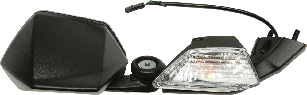 Black left motorcycle mirror by Emgo, model Kaw 56-9971, showing a sleek, aerodynamic design for Kawasaki bikes.