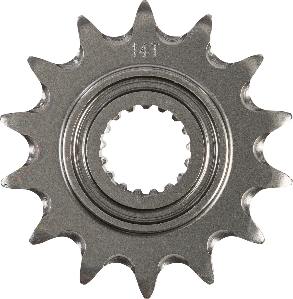 Fire Power Steel 14T front CS sprocket for Honda CRF250, durable motorcycle part with precise gear teeth.