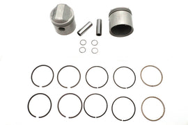 Motorshop Replica 900cc 3-inch piston set with .020 oversize for engine rebuild, showing detailed pistons and engine components.