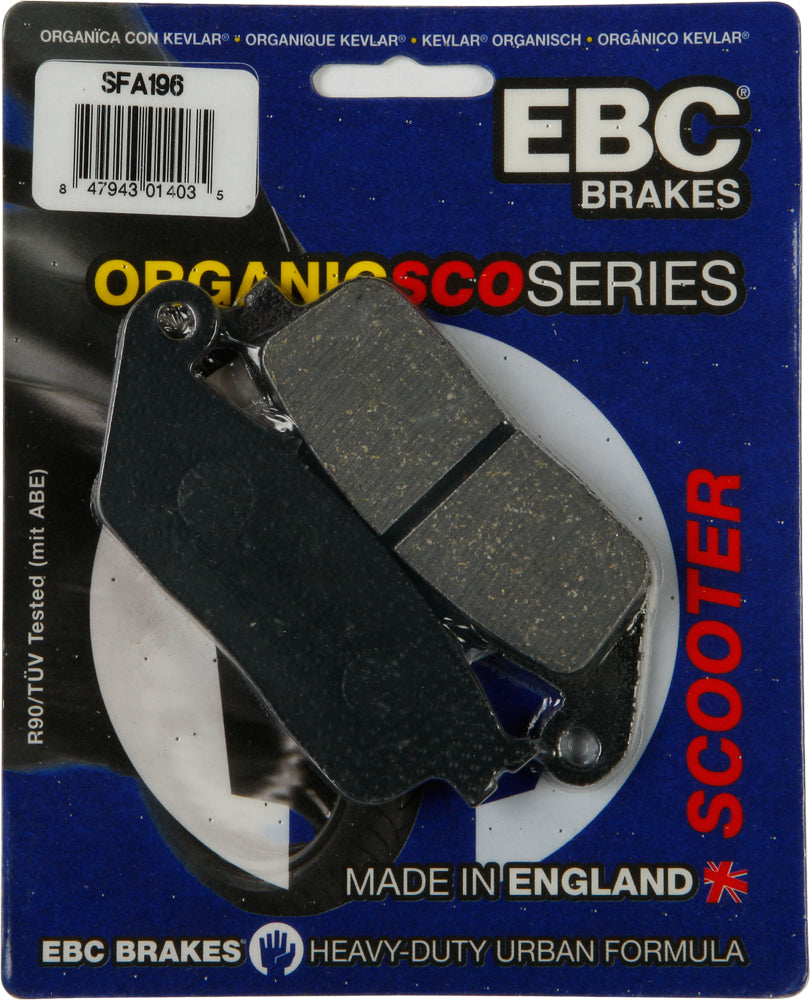 EBC Motorcycle Brakes organic brake pads Sfa196 for motorcycle, showing the black brake pad with metal backing plate.