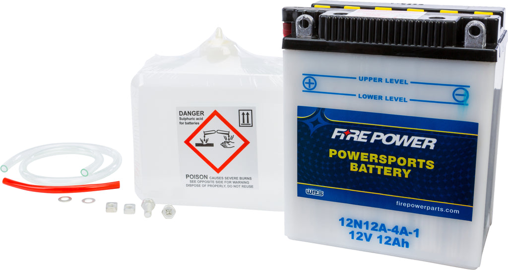 Fire Power 12V battery with acid, model 12N12A-4A-1, showing the battery with terminals and label markings.