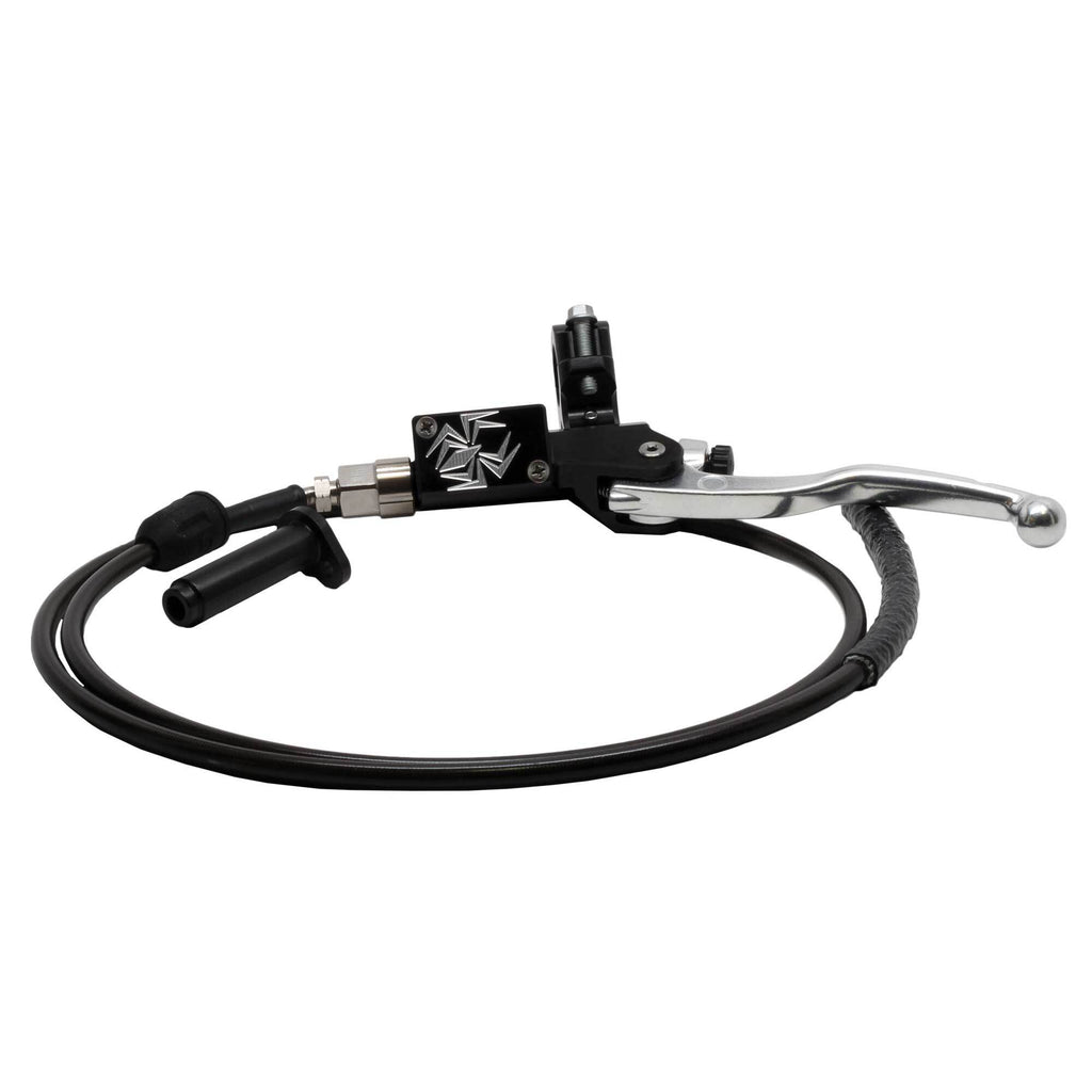Rekluse Dual Actuated Brake Kit for off-road motorcycles, showing brake components and hydraulic lines on a black background.