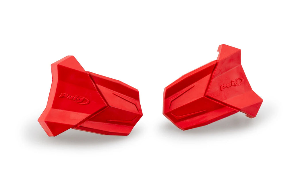 Pair of red PUIG Rubber End Replacement Frame Sliders for R19 motorcycle, showing the textured rubber and mounting hardware.
