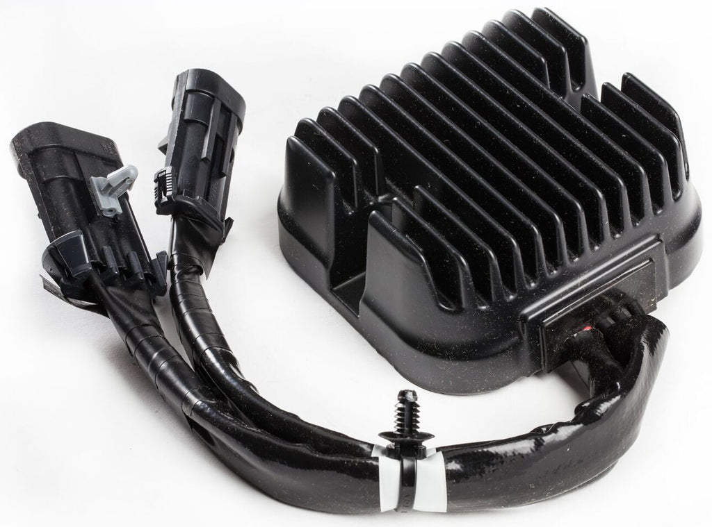 Ricks Motorsport Electric regulator and rectifier for motorcycle electrical systems, showing metal and wiring components.