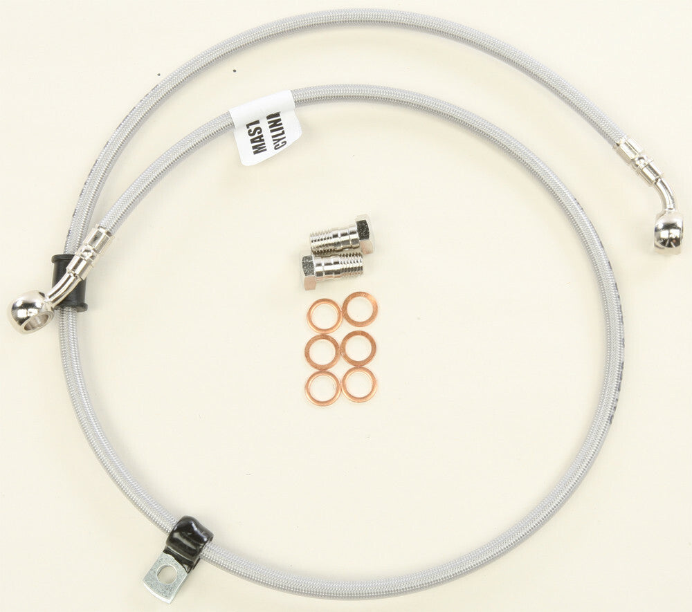 GBRAKES 2 Line Front Brake Line Kit for vehicles, showing metal braided brake lines with fittings and connectors.