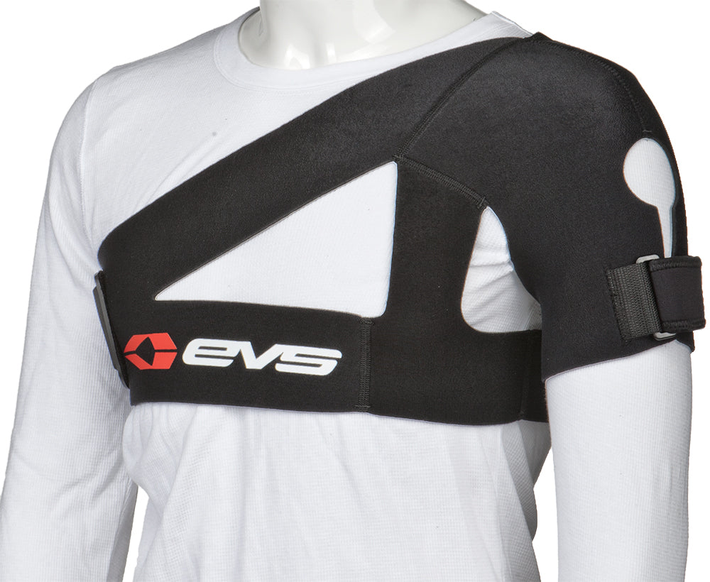 EVS Sb02 shoulder support brace in large size, shown with adjustable straps and padding for shoulder stabilization and comfort.