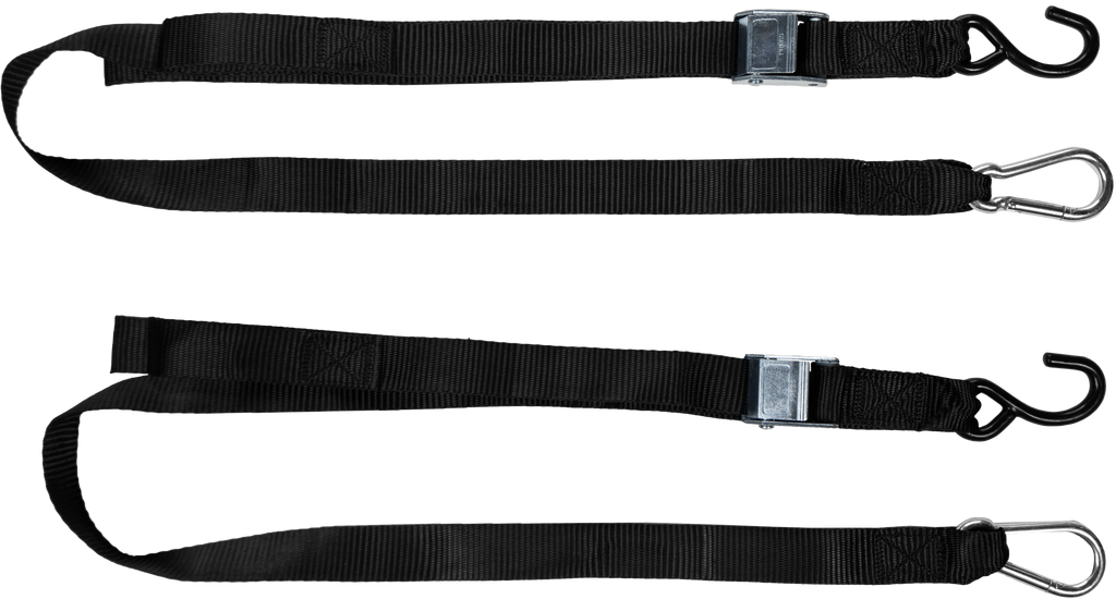 Fire Power 1.5" x 6' black soft-tie tie-down straps, 2-pack, used for securing cargo or equipment.