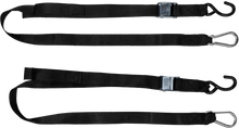 Load image into Gallery viewer, Fire Power 1.5" x 6' black soft-tie tie-down straps, 2-pack, used for securing cargo or equipment.