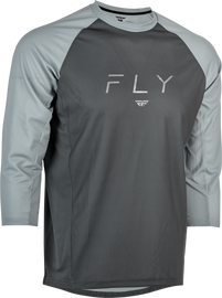 Fly Racing Ripa 3/4 sleeve motocross jersey in grey and light grey, size large, displayed on a hanger.
