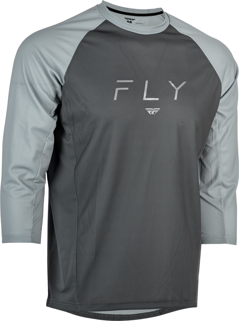 Fly Racing Ripa 3/4 sleeve motocross jersey in grey and light grey, displayed on a hanger.