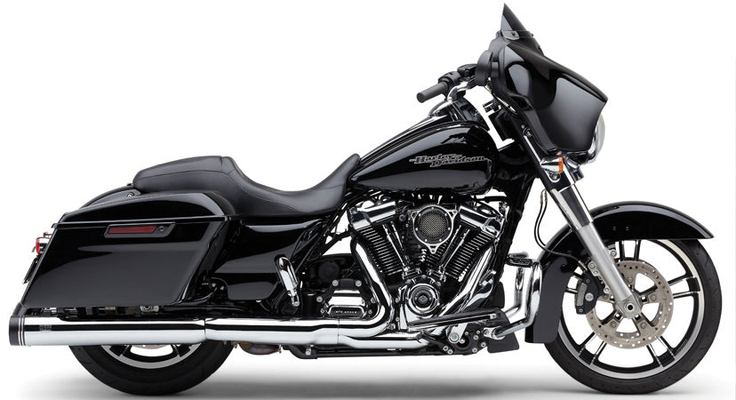 Chrome Cobra 4-inch groove tip slip-on exhaust for Harley FLH/FLT 2017-2025, featuring a polished chrome finish and sleek design.