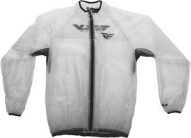 Fly Racing Fly Rain Jacket in clear, large size, shown with waterproof fabric and full front zipper for motorcycle riding protection.