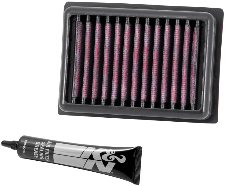 K&N Air Filter 716012 showing the high-performance air filter with a black rubber frame and pleated cotton filter media.