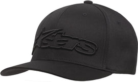 Black Alpine Star Blaze Flexfit Hat in Sm/Md size, showcasing the sleek, fitted design with embroidered branding and curved brim.