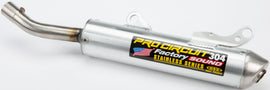 Pro Circuit P/C R-304 exhaust silencer installed on motorcycle, showcasing its sleek metal design and branding.