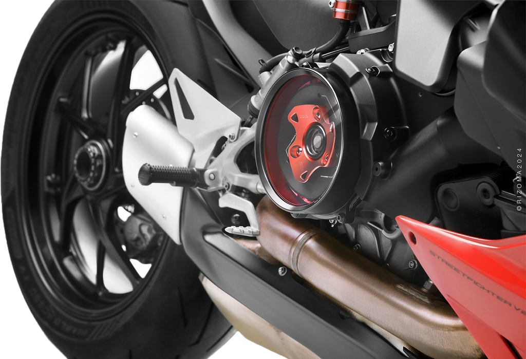 Red RIZOMA clutch cover for Ducati V2 motorcycle, featuring sleek design and high-quality finish.