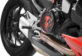 Red RIZOMA clutch cover for Ducati V2 motorcycle, featuring sleek design and high-quality finish.