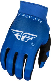 Fly Racing Pro Lite gloves in blue and white, close-up view showing breathable fabric and secure wrist closure.