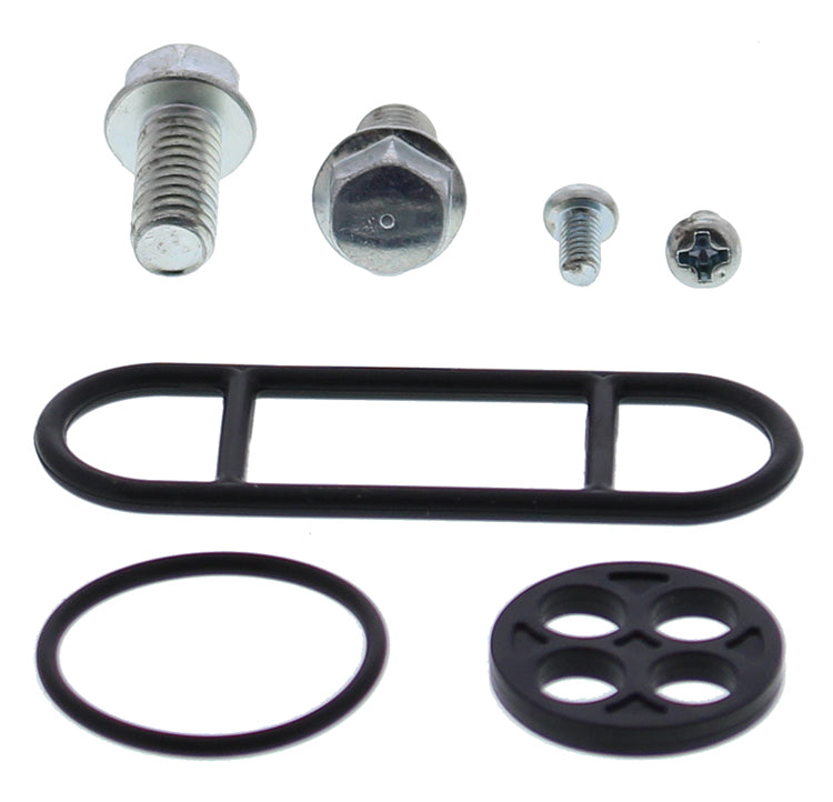 All Balls fuel tap repair kit for intake and carburetor fuel systems, shown with various small replacement parts.