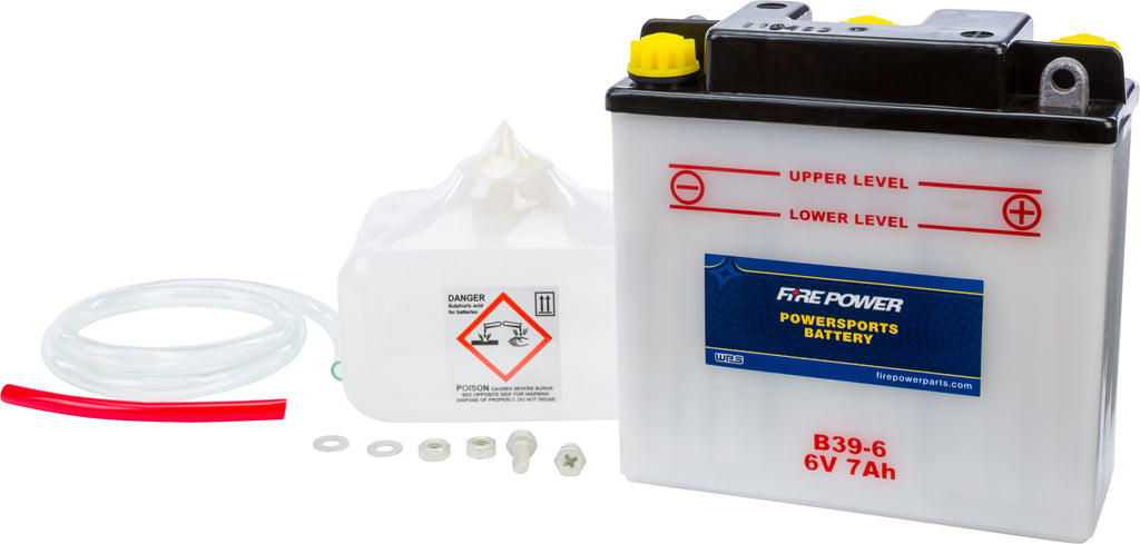 Fire Power B39-6 6V battery with acid, showing the compact battery with terminal posts and label details.