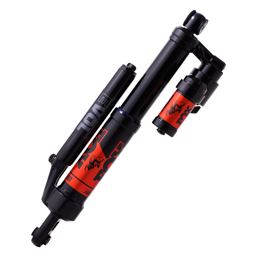 Fox Float 3 QS3 11.95/3.46 mountain bike shock absorber with Fox branding and technical specifications visible.