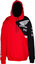 Red DCOR Honda Team2 sweatshirt with logo, displayed on a hanger, showcasing the casual fit and vibrant color.