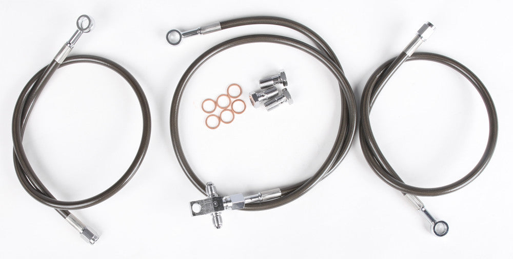 Streamline front brake line with three lines for Honda SMK+2, black braided stainless steel brake hose for motorcycle braking system.