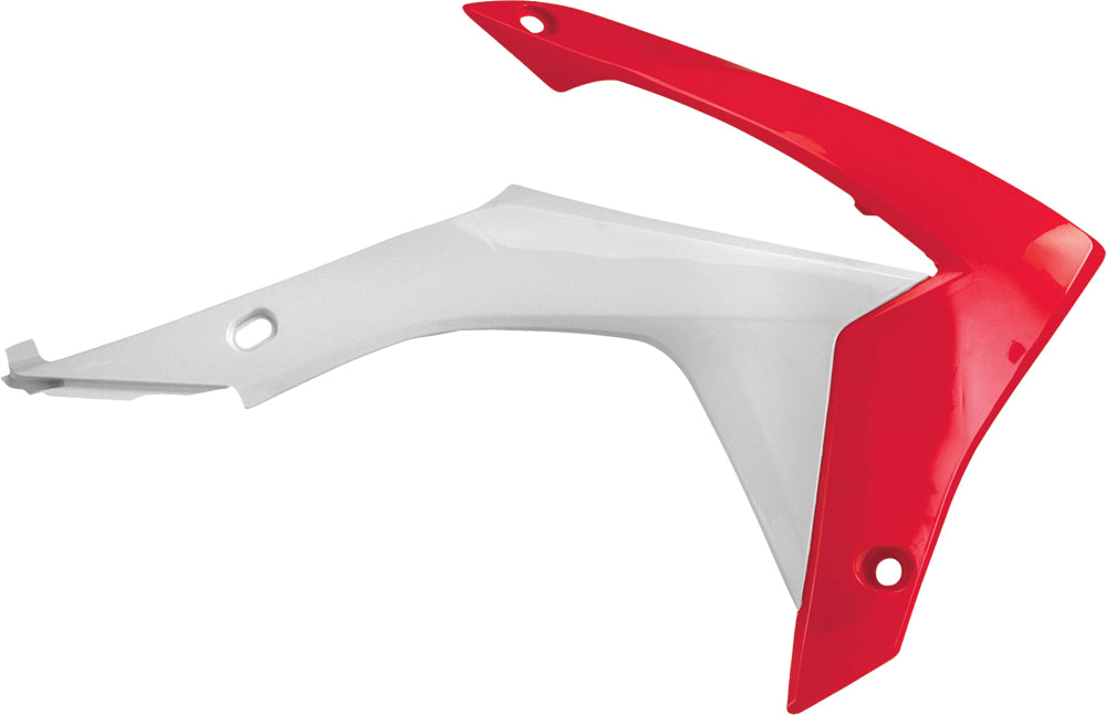 Acerbis radiator shrouds in red and white for motocross bikes, featuring sleek aerodynamic design and brand logo details.