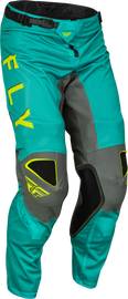 Fly Racing Kinetic Mesh Kore Pants in hi-vis teal and grey, size 32, featuring breathable mesh fabric and sporty design.