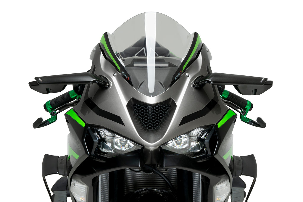 Black PUIG rearview mirror for Kawasaki motorcycle, showcasing the sleek mirror with mounting hardware.