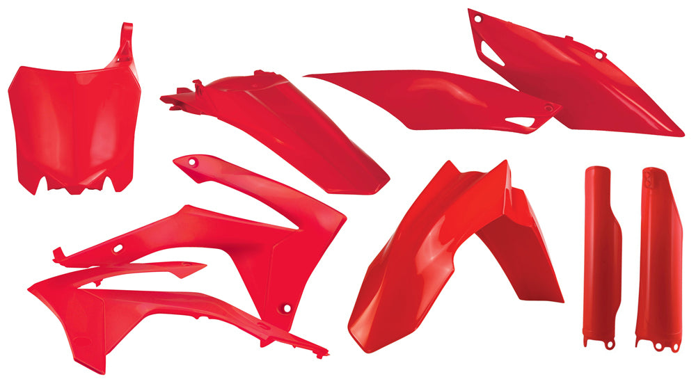 Acerbis full plastic motorcycle kit in red, including various plastic panels and fairings for off-road or motocross bikes.