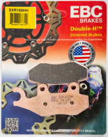 EBC Motorcycle Brakes Sxr Brake Pads 15-165SXR installed on a motorcycle brake caliper, showing the brake pad's friction surface.