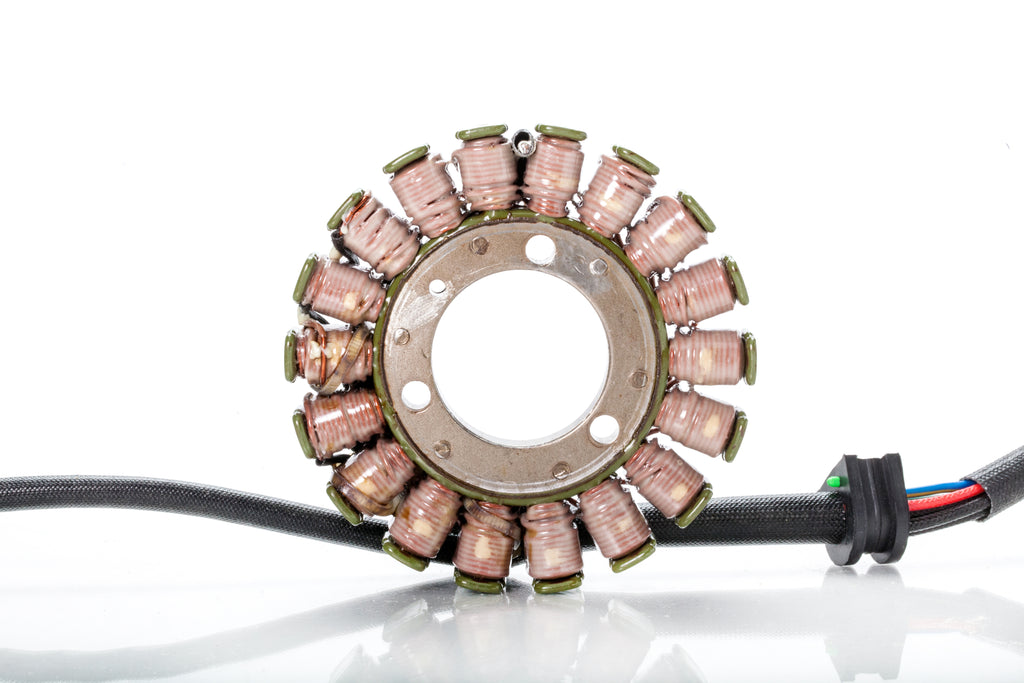 Ricks Motorsport Electric Stator 27-21708 for motorcycle electrical systems, showing the coil and wiring in a close-up view.