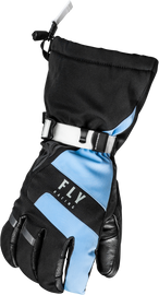 Black and blue Fly Racing Highland gloves in XS size, featuring padded palms and breathable fabric for motorcycle riding comfort.