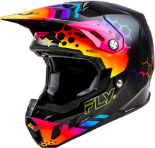 Load image into Gallery viewer, Fly Racing Formula CC Tektonic helmet in black and sunset colors, featuring sleek design and adjustable straps.