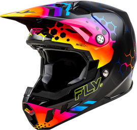 Fly Racing Formula CC Tektonic helmet in black and sunset colors, featuring sleek design and adjustable straps.