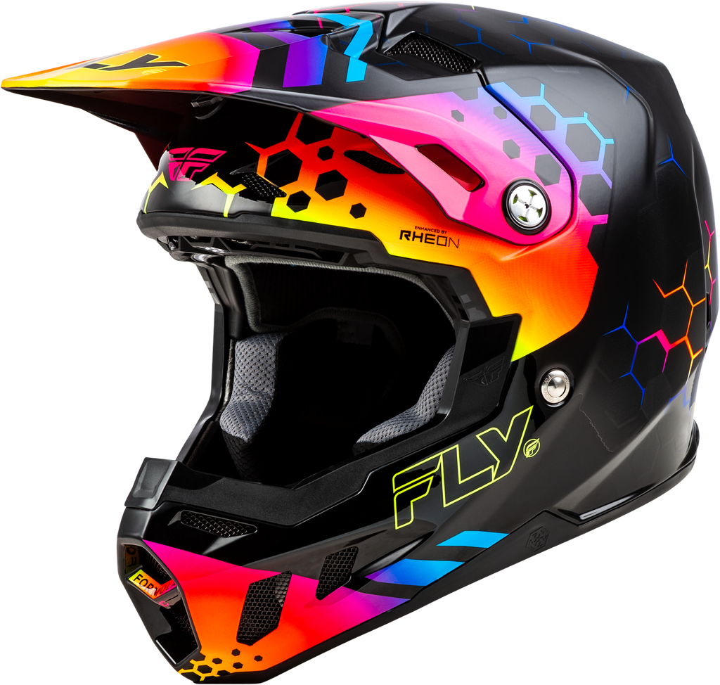Fly Racing Formula CC Tektonic helmet in black and sunset colors, size large, with sleek aerodynamic design.